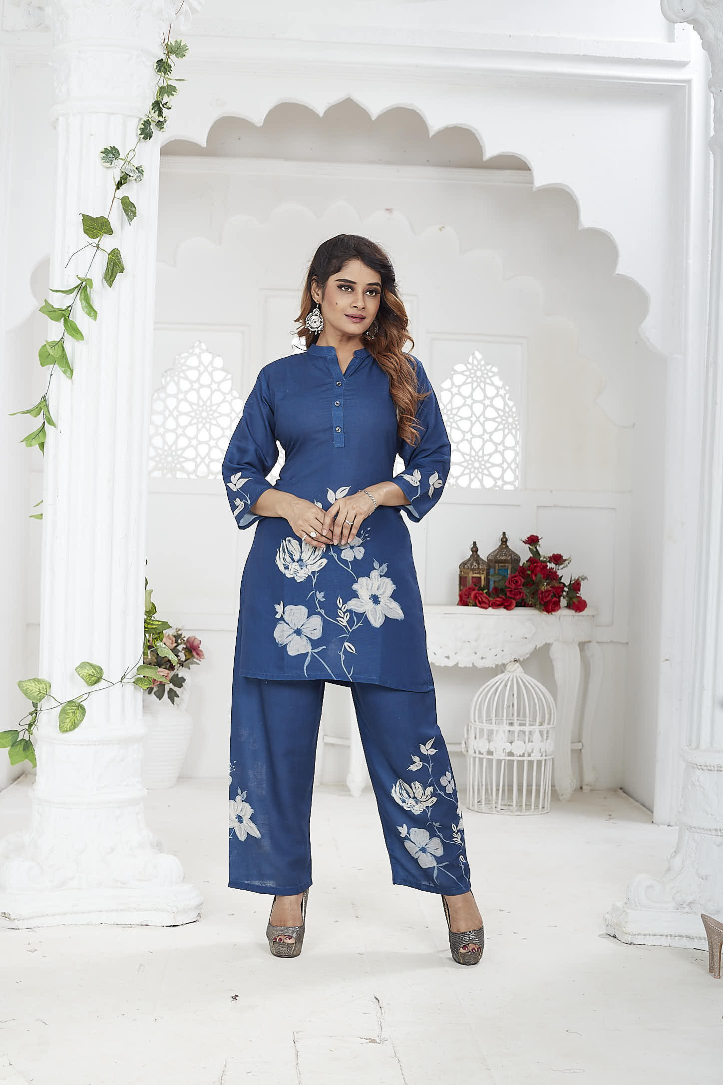 Navy Blue Floral Linen Khadi Co-ord Set for Women