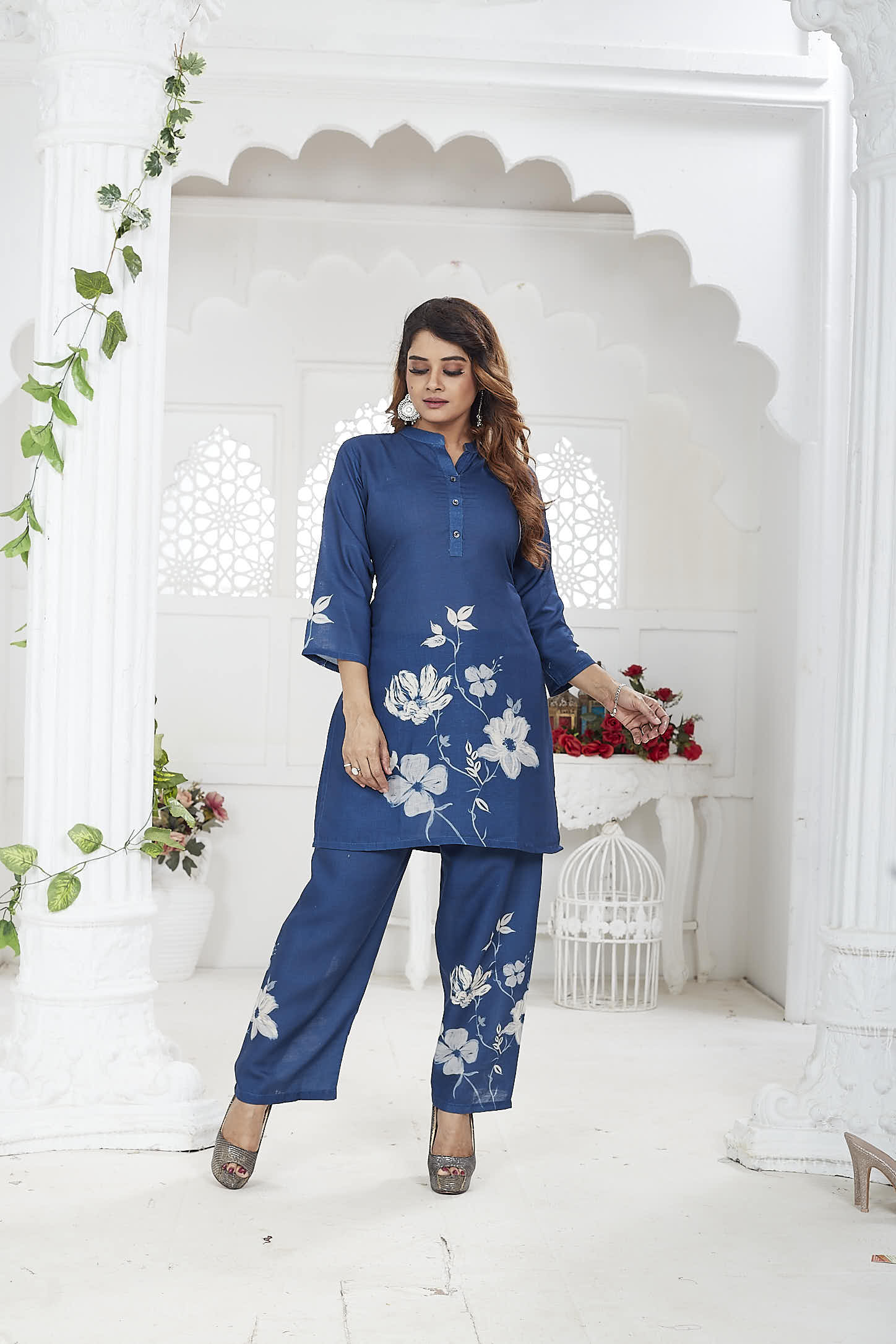Navy Blue Floral Linen Khadi Co-ord Set for Women