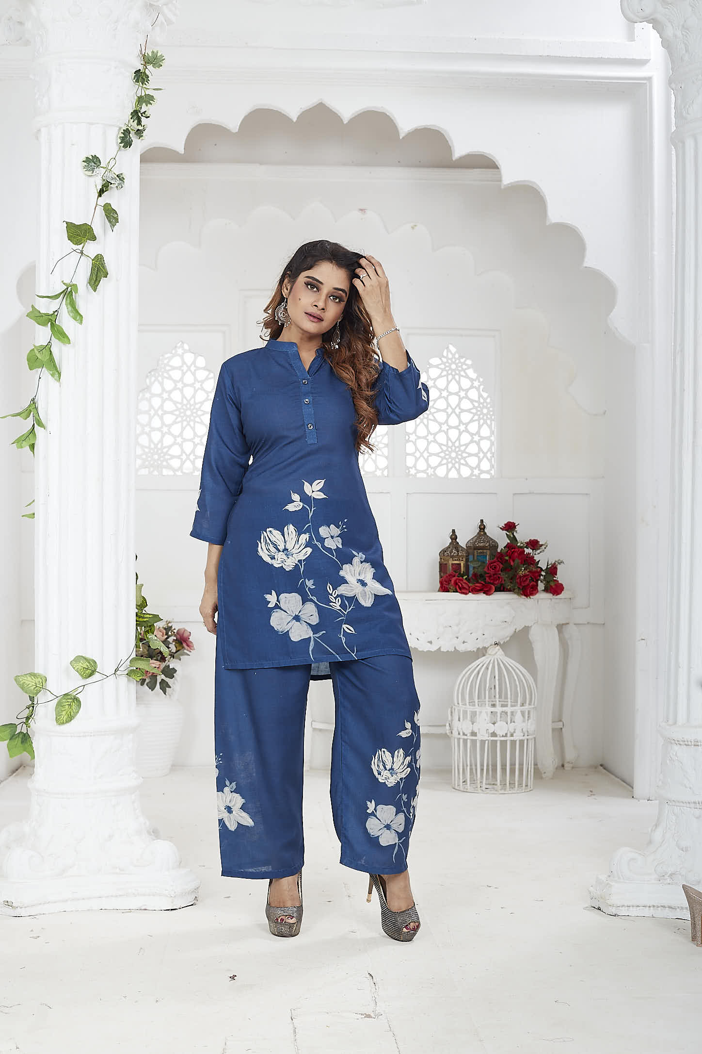 Navy Blue Floral Linen Khadi Co-ord Set for Women