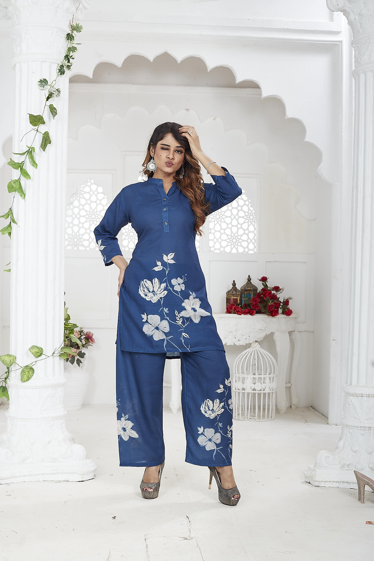 Navy Blue Floral Linen Khadi Co-ord Set for Women