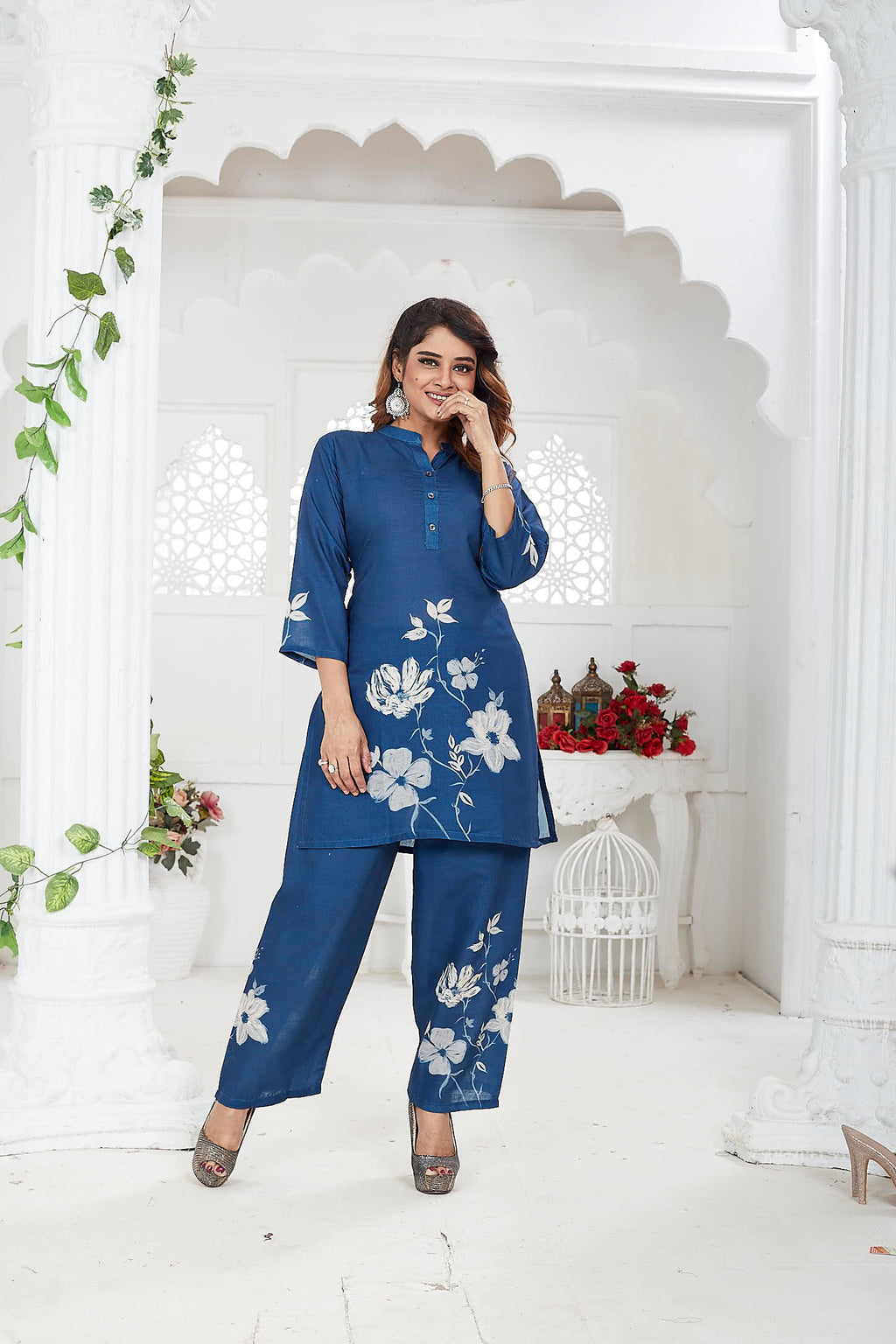 Navy Blue Floral Linen Khadi Co-ord Set for Women