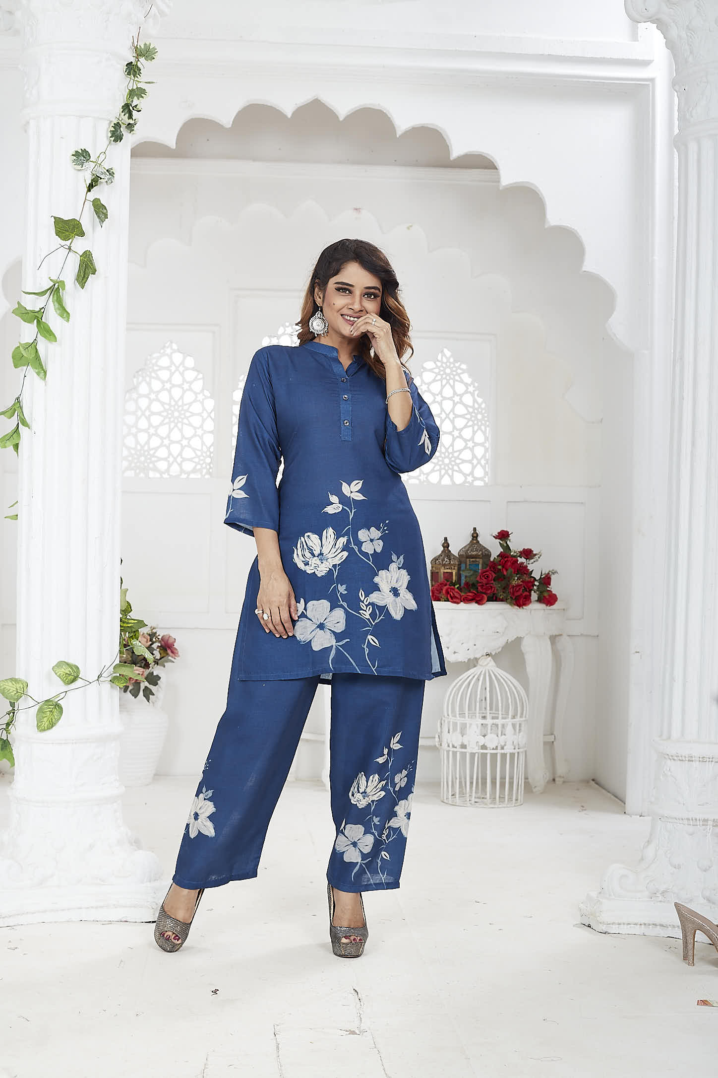 Navy Blue Floral Linen Khadi Co-ord Set for Women