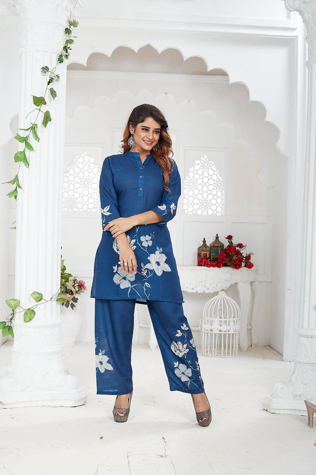 Navy Blue Floral Linen Khadi Co-ord Set for Women