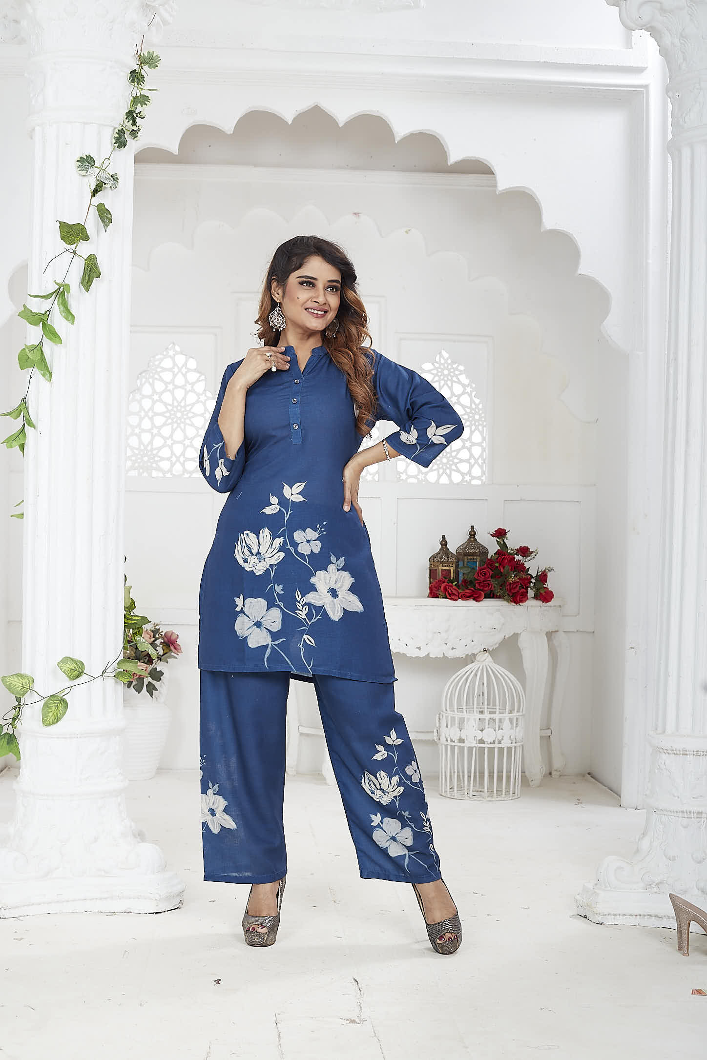 Navy Blue Floral Linen Khadi Co-ord Set for Women