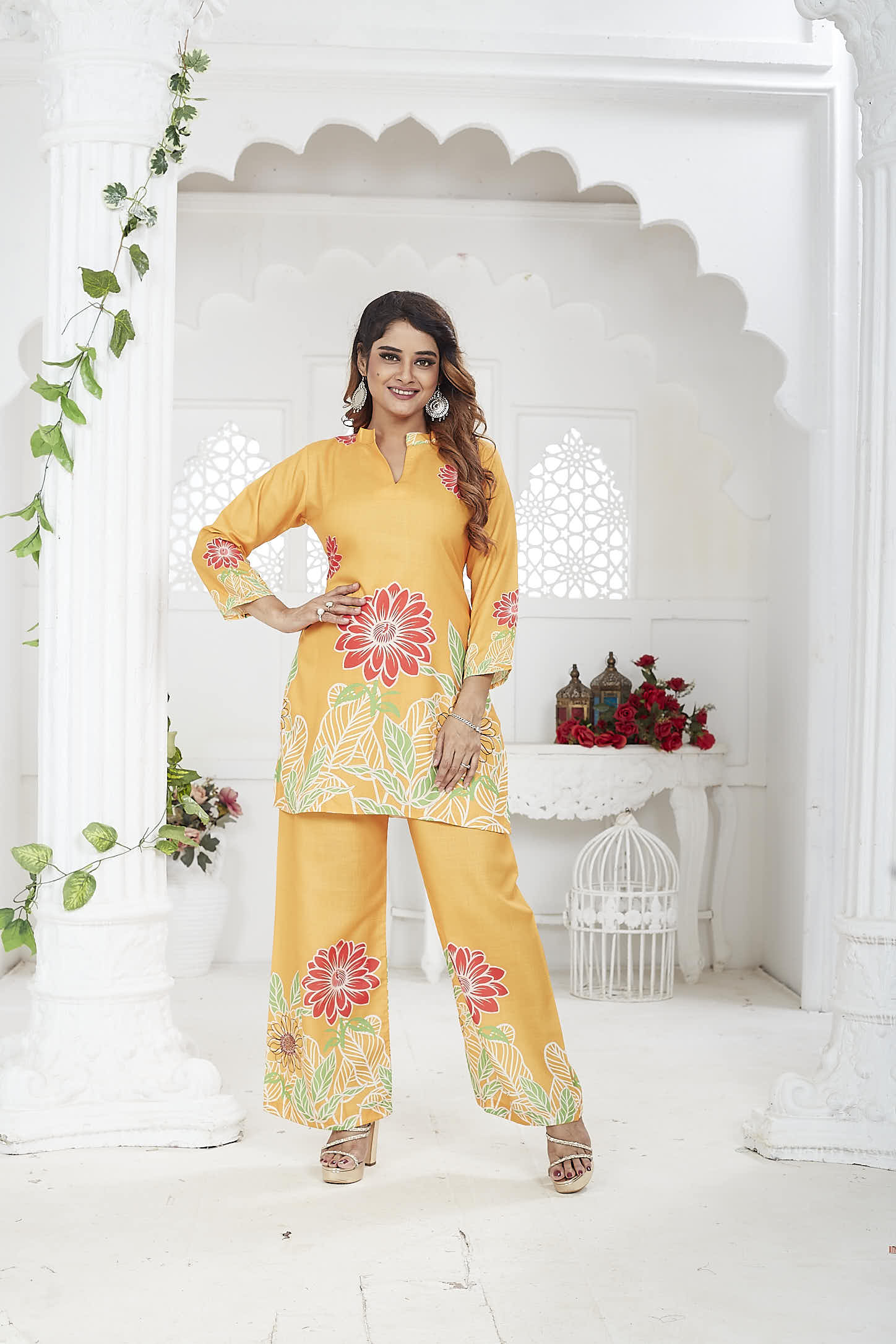 Women's Co-Ord Set | Cotton-Linen | 3/4 Sleeves | Orange