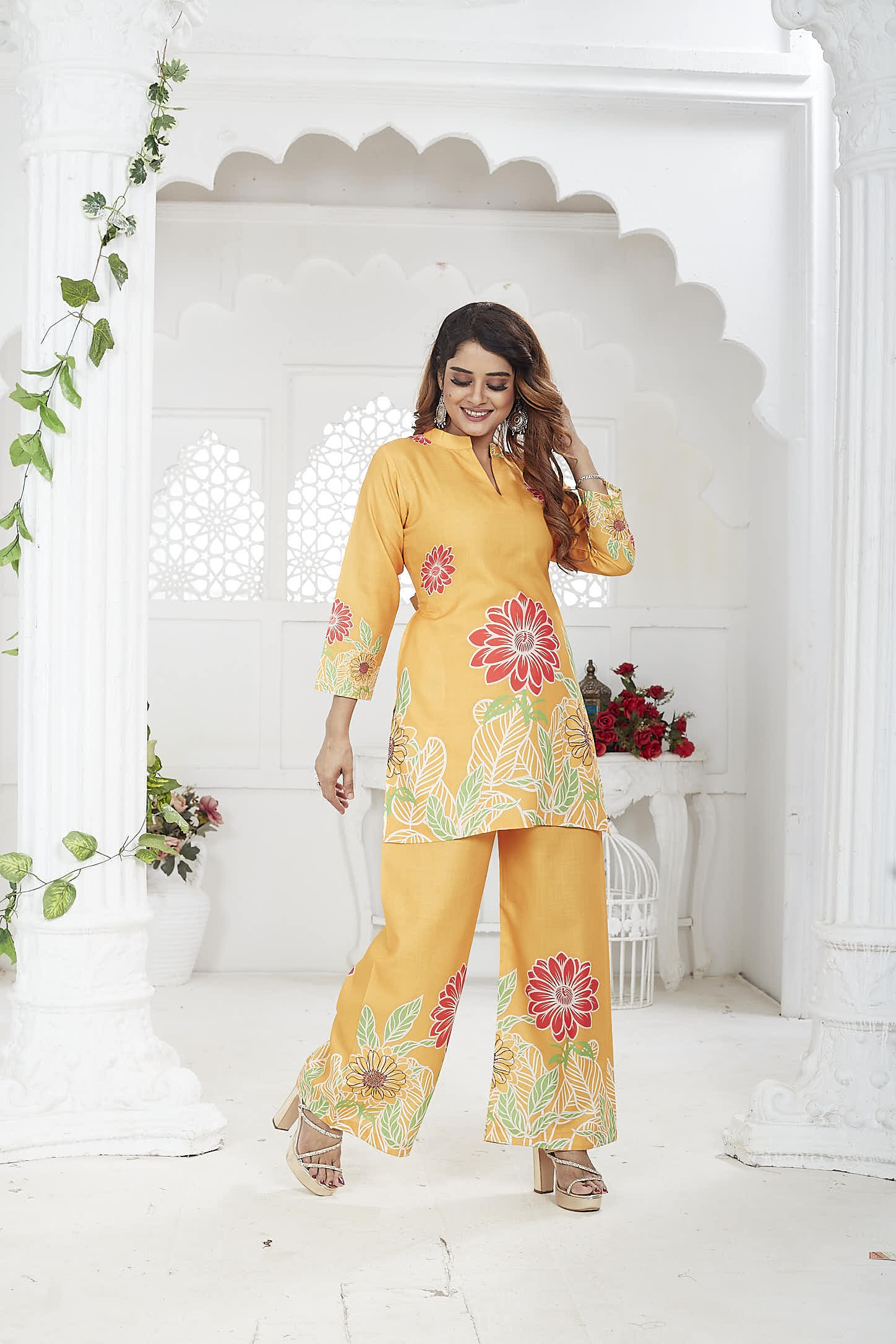 Women's Co-Ord Set | Cotton-Linen | 3/4 Sleeves | Orange