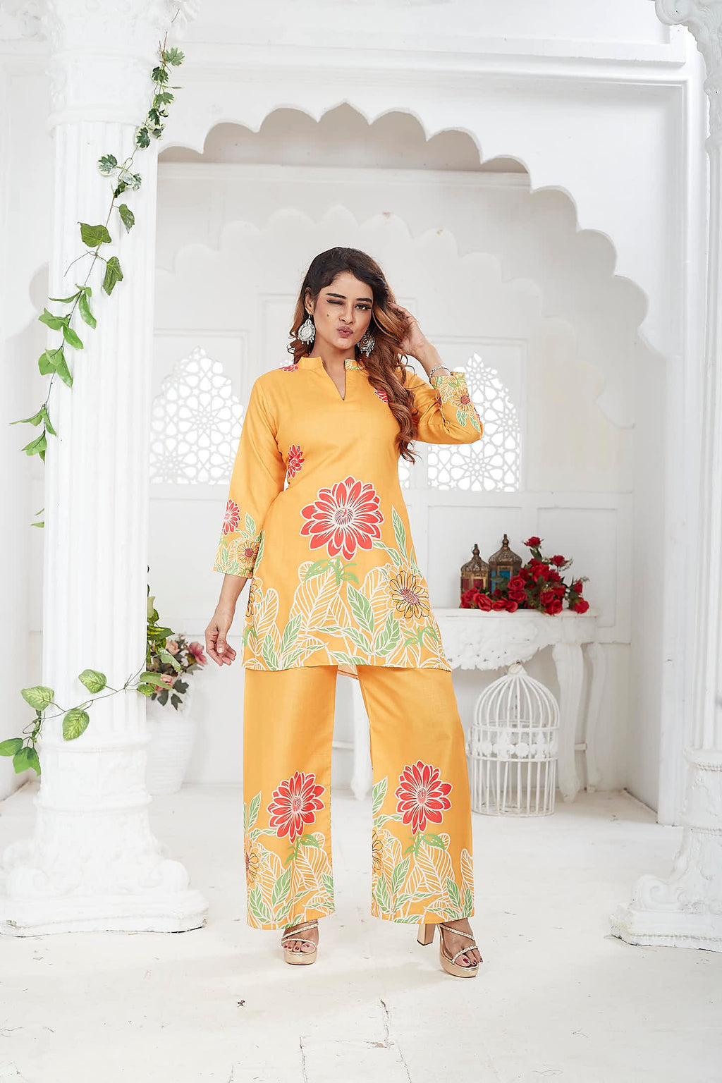 Women's Co-Ord Set | Cotton-Linen | 3/4 Sleeves | Orange