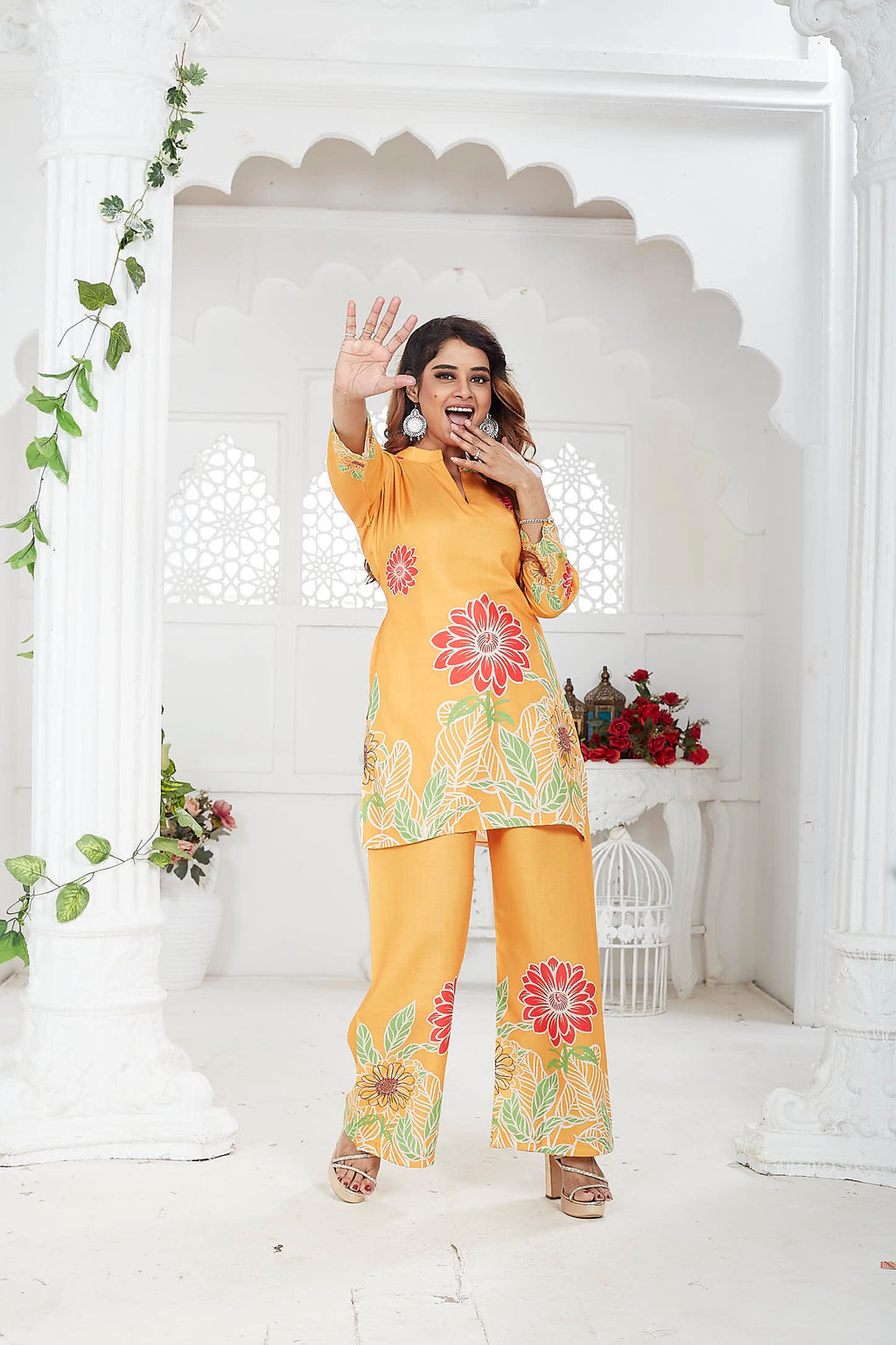 Women's Co-Ord Set | Cotton-Linen | 3/4 Sleeves | Orange