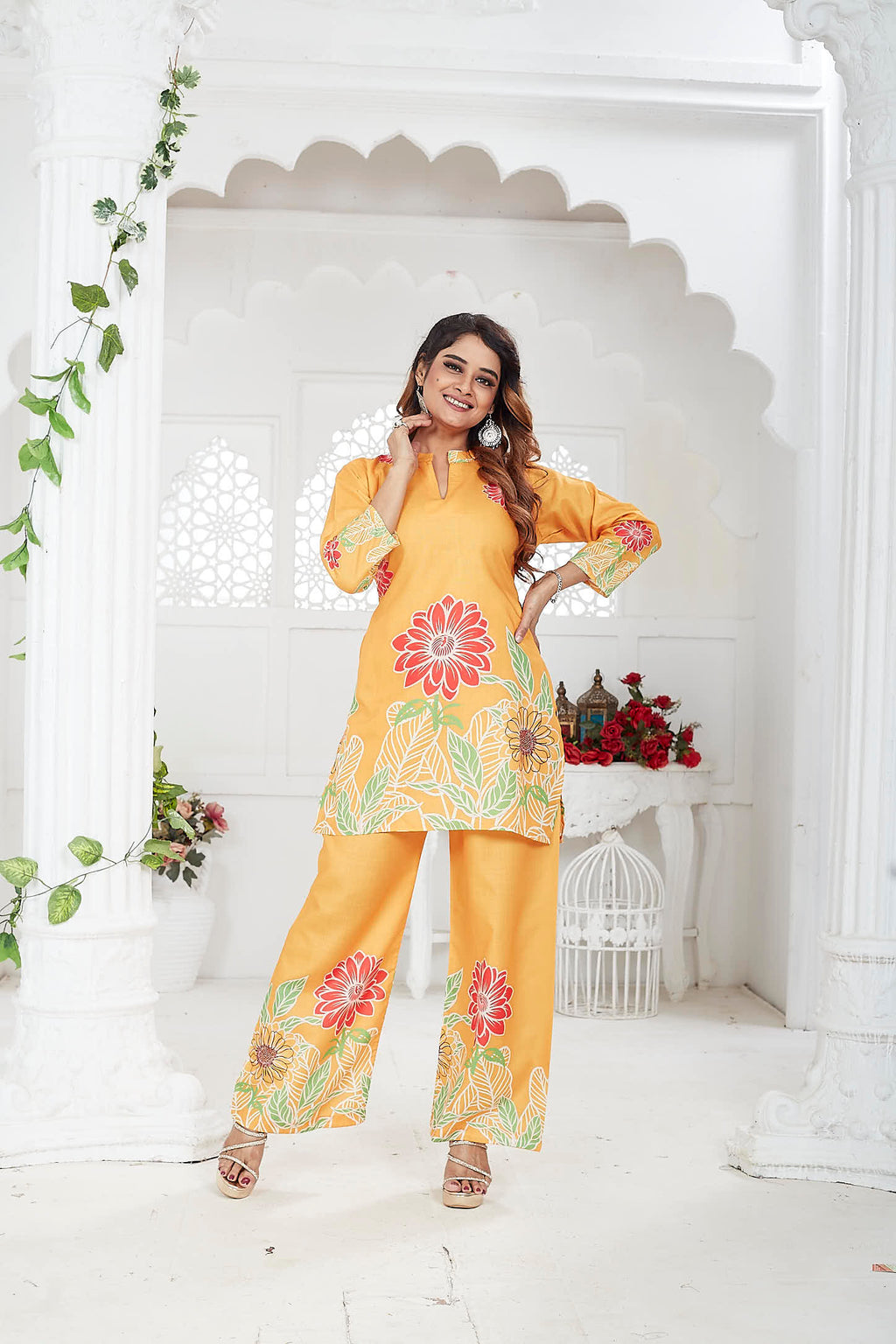 Women's Co-Ord Set | Cotton-Linen | 3/4 Sleeves | Orange