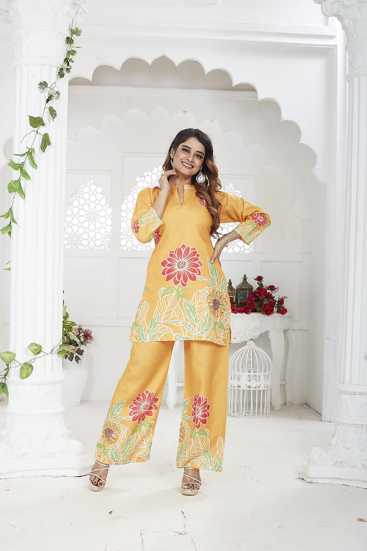 Women's Co-Ord Set | Cotton-Linen | 3/4 Sleeves | Orange