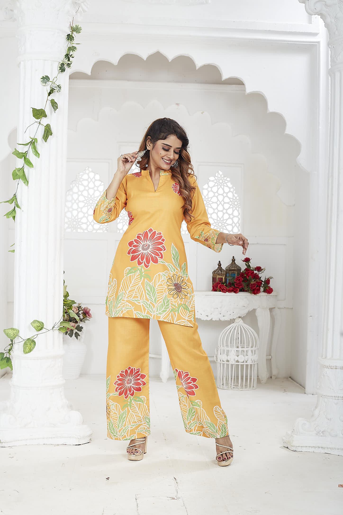 Women's Co-Ord Set | Cotton-Linen | 3/4 Sleeves | Orange
