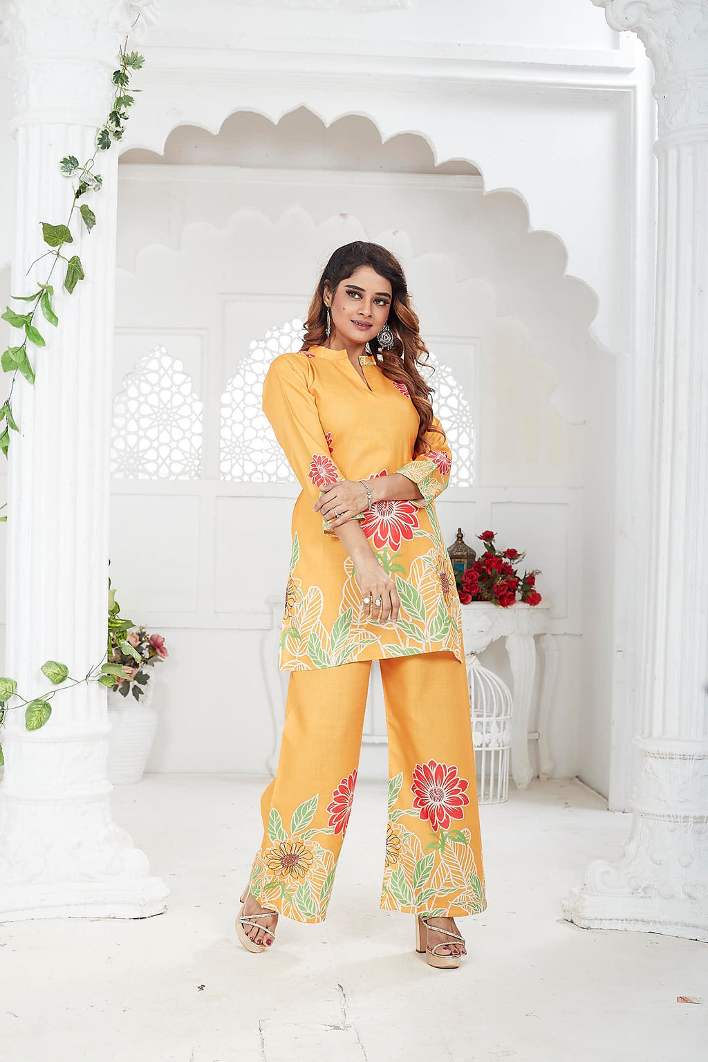 Women's Co-Ord Set | Cotton-Linen | 3/4 Sleeves | Orange
