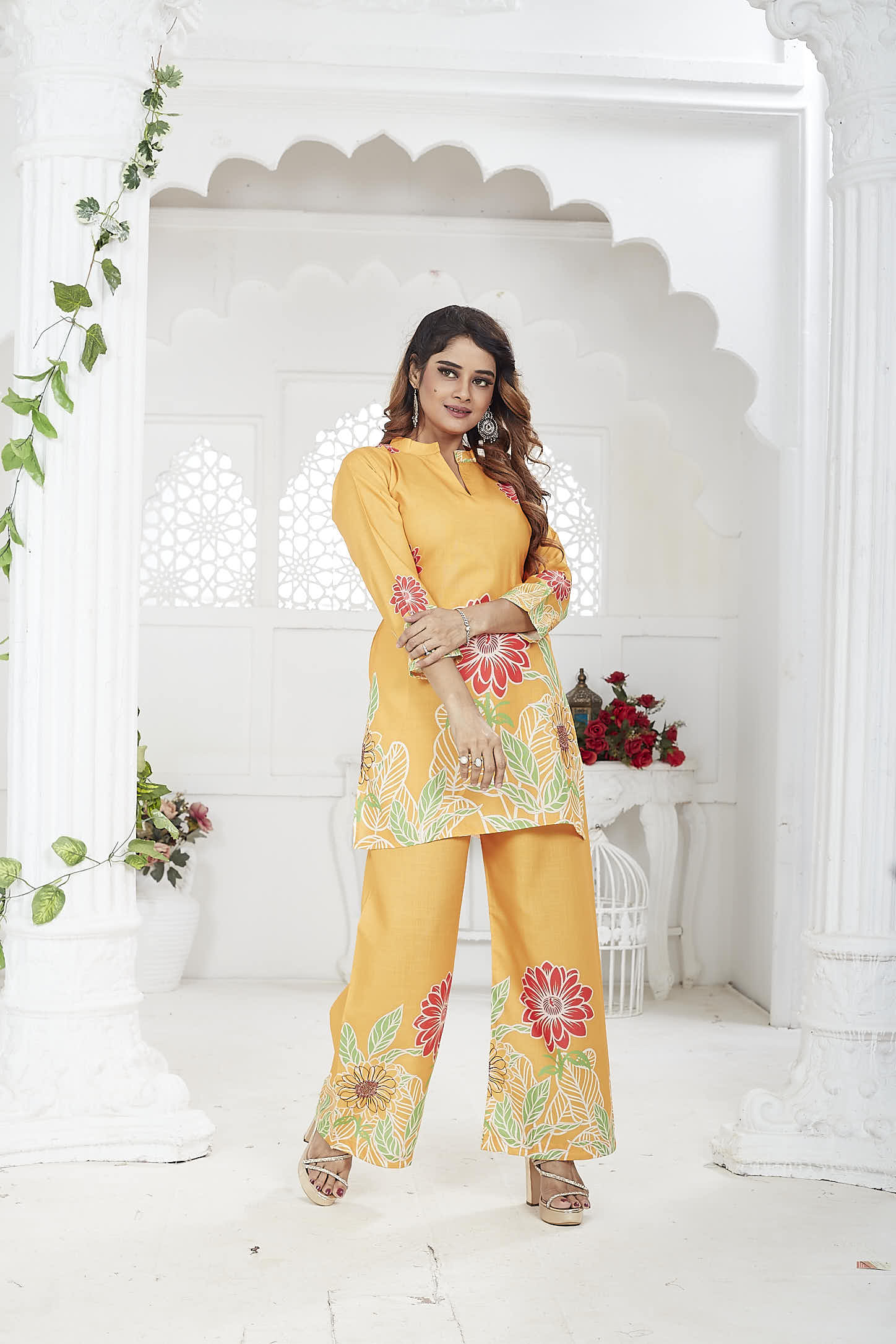 Women's Co-Ord Set | Cotton-Linen | 3/4 Sleeves | Orange