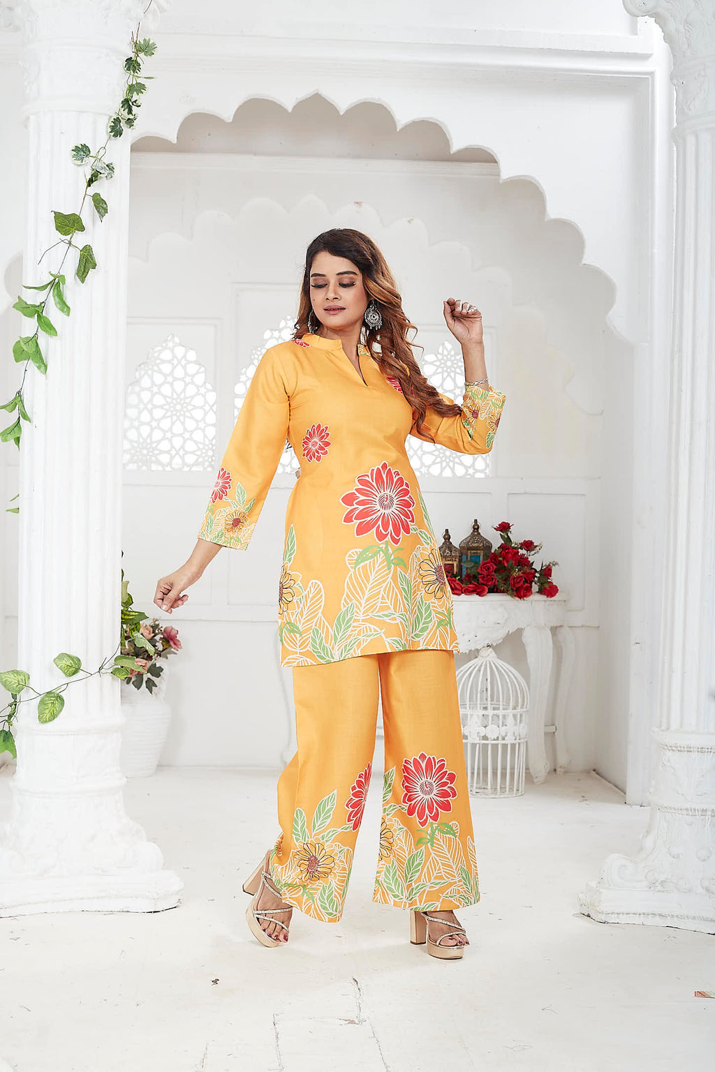 Women's Co-Ord Set | Cotton-Linen | 3/4 Sleeves | Orange