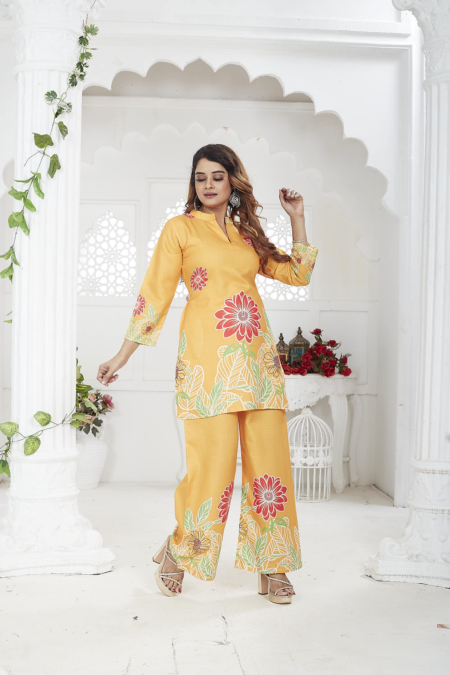 Women's Co-Ord Set | Cotton-Linen | 3/4 Sleeves | Orange