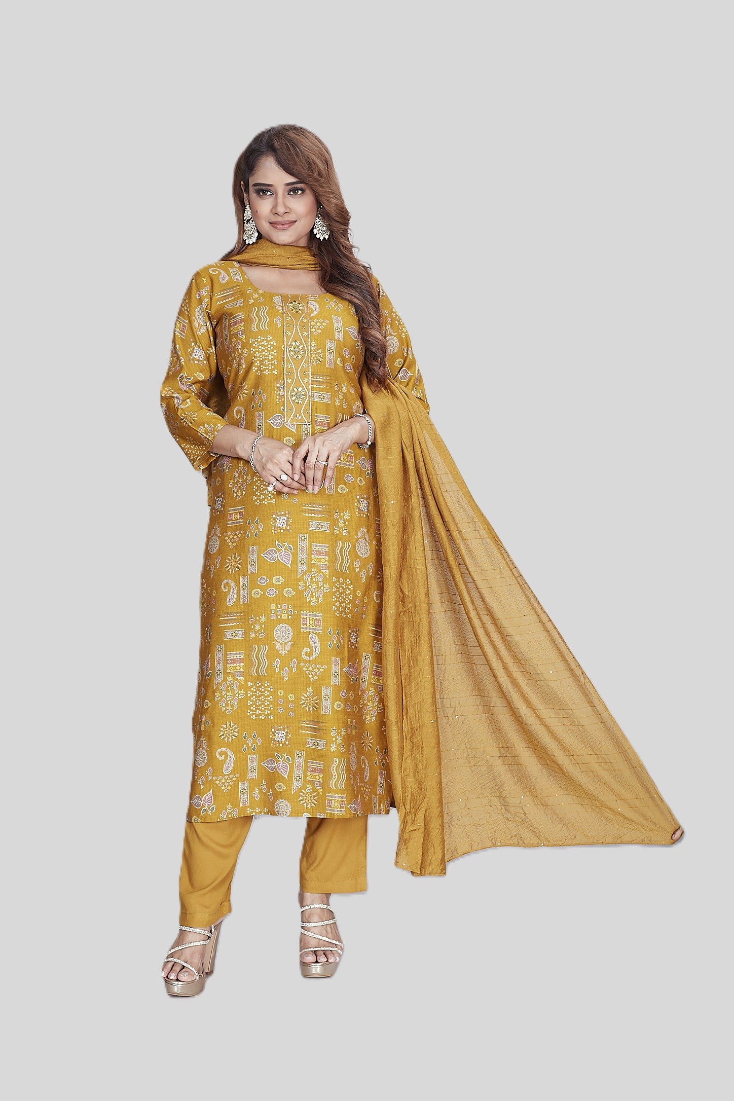 Elegant Golden Berlin Print 3-Piece Suit Set