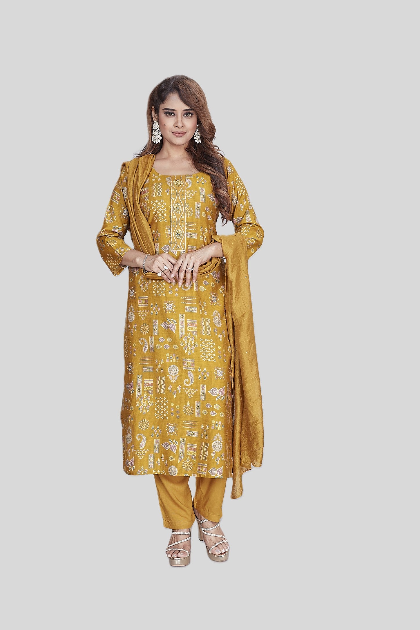 Elegant Golden Berlin Print 3-Piece Suit Set